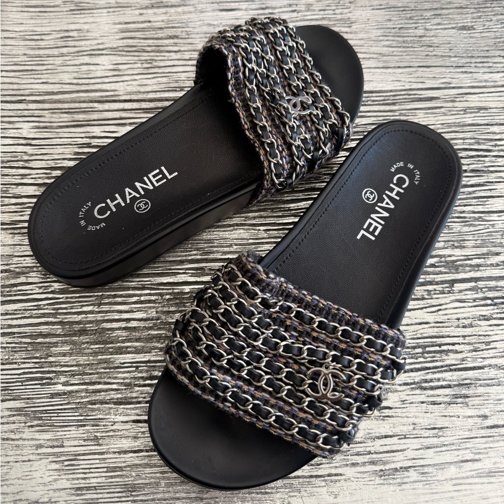 Chanel Black and Silver Chain Sandals